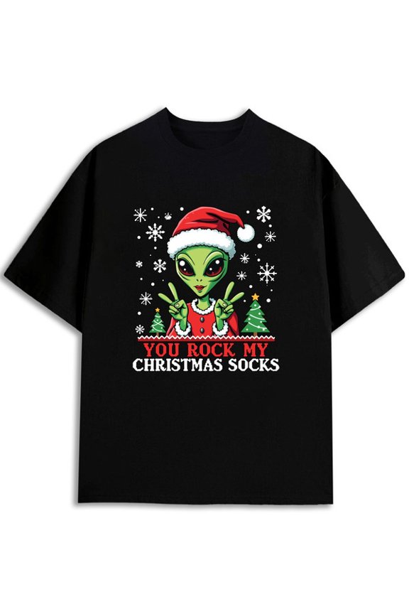 Alien Christmas Socks T-Shirt men's t shirts black funny short Fashionable summer T-shirt, machine washable Fashion Unisex Shirt Graphic tshirts