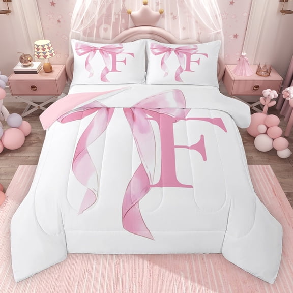 Erosebridal Girls Pink Bow Queen Comforter Set, F Letter Bedding Comforter Set, Princess Style Bedroom Decor, Pink Reversible 3-Piece, 1 Comforter and 2 Pillowcases