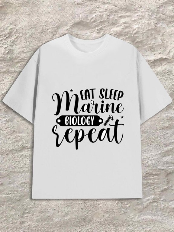 Classic Fit Crew Neck T-Shirt for Men, Eat Sleep Marine Biology Repeat Letter Print Short Sleeve Top, Marine Science Casual Daily Unisex Tee