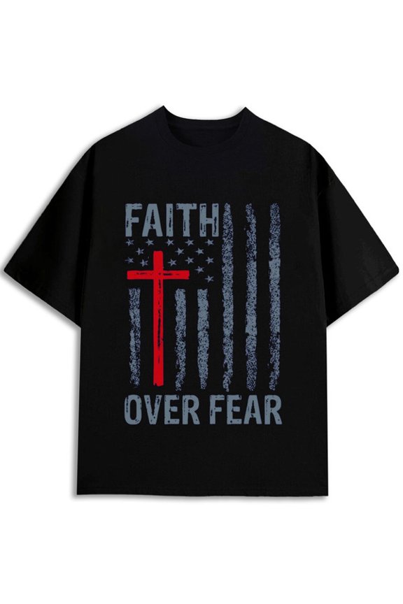 Faith Over Fear Flag Tee mens Christianity round neck T-shirt black Refreshing and lightweight, ideal for summer sports and leisure wear expressing faith