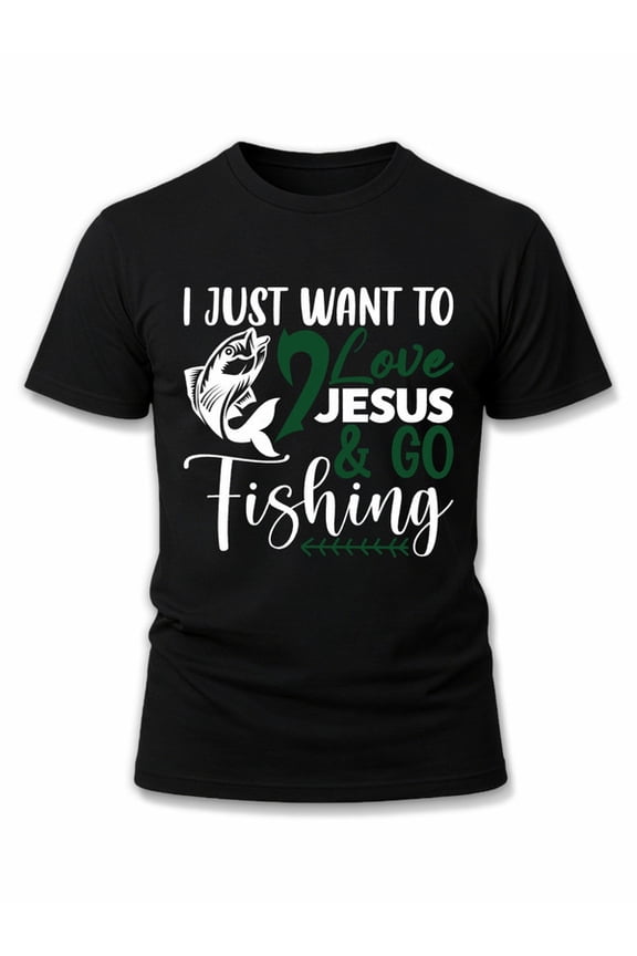 Fish & Faith: Love Jesus, Go Fishing Men's Crew neck T-shirts black graphic tees elegant Weekend casual wear Funny Unisex Shirt Printed tshirts