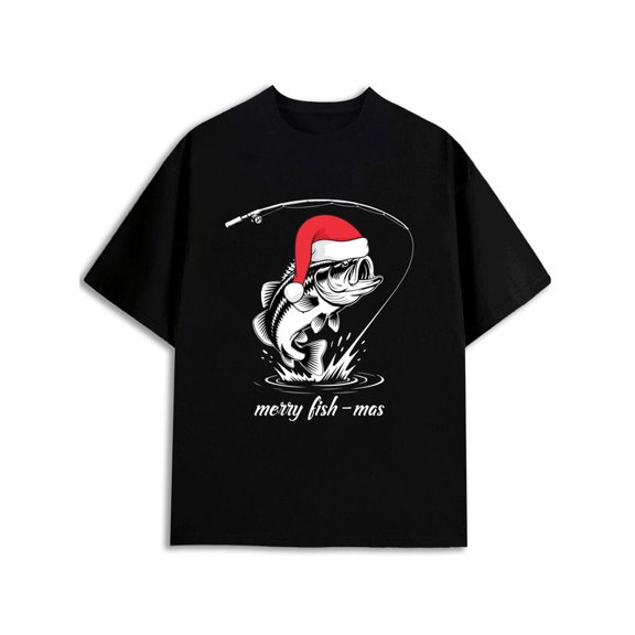 Greenink Fishmas Fishing Santa T-Shirt Mens t-shirts black funny short Fashionable, printed, machine washable Basic Unisex Shirt Graphic Tee tshirts
