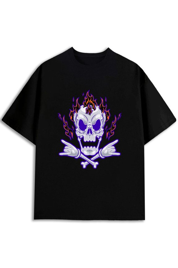 Flaming Skull Crossbones Tee Men round neck T-shirt black 2026 summer Fashionable, printed, machine washable Basic Unisex Shirt Graphic Tee tshirts