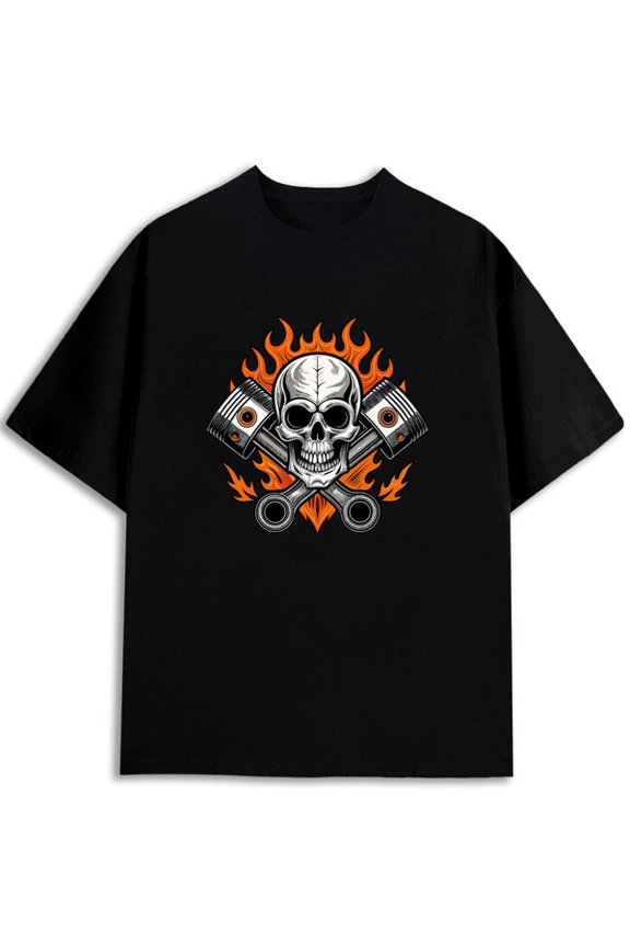 Flaming Skull Pistons Tee Mens t-shirts black 2026 short t shirts For summer Fall Soft and comfortable Trendy Unisex Shirt Graphic Tee tshirts