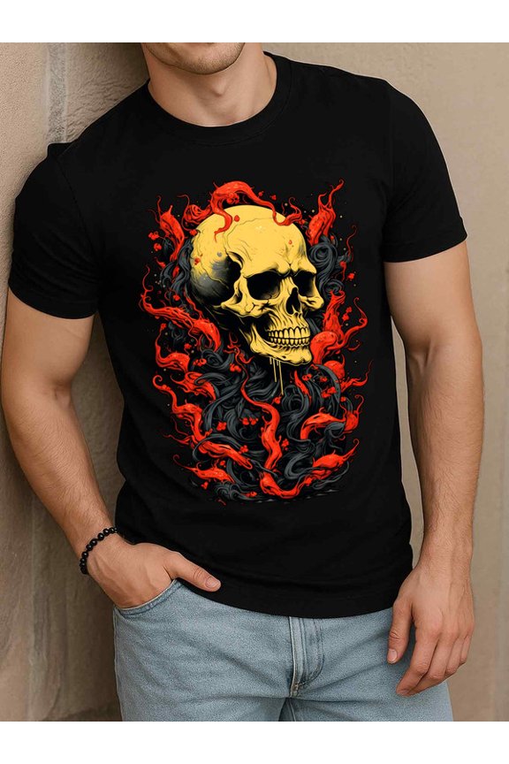 Flaming Skull T-Shirt Men funny t shirts black graphic tees gifts Spring and summer clothing Vintage Unisex Shirt Graphic Tee tshirts