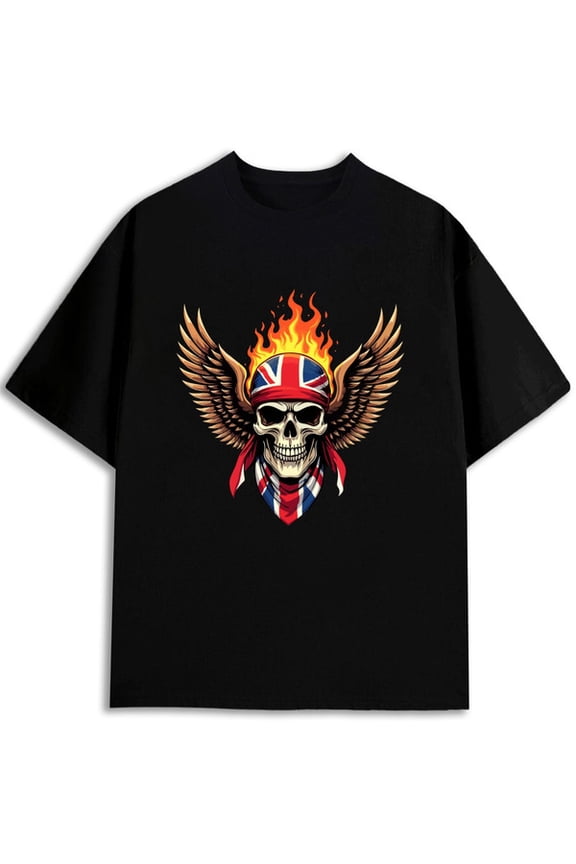 Flaming Skull Union Jack T-Shirt for men funny t shirts black gifts graphic Spring and summer outdoor wear Trendy Unisex Shirt Short Sleeve tshirts