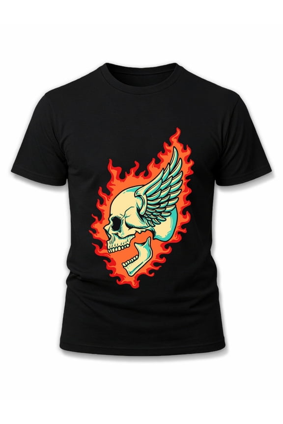 Flaming Winged Skull T-Shirt mens comfort colors tshirt black graphic tees casual Soft and comfortable Fashion Unisex Shirt Cotton tshirts