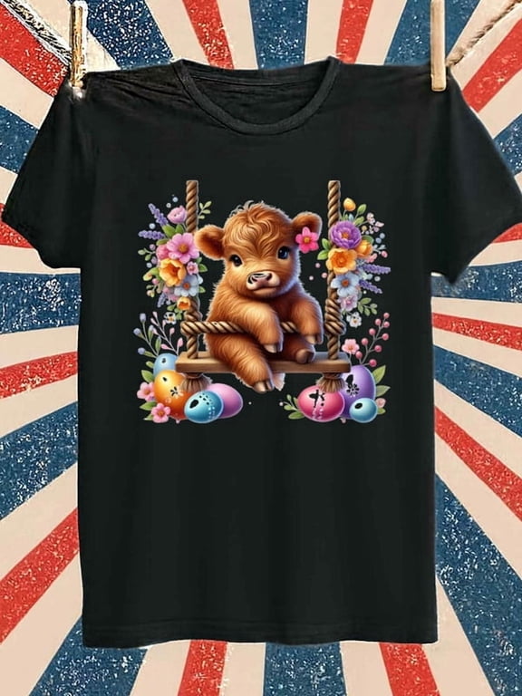 Floral Highland Cow Swing T-Shirt Men's graphic t shirts black top funny Daytime and weekend wear Vintage Unisex Shirt Crewneck tshirts