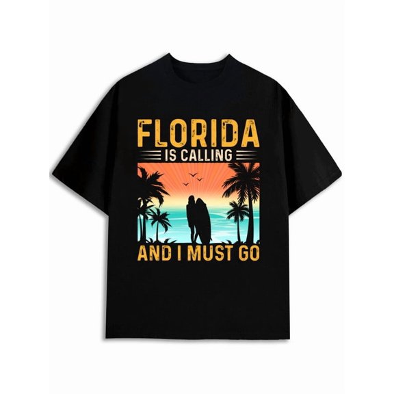 Greenink Florida Calling Surf Tee Mens t-shirt black casual graphic tees Everyday and weekend wear Stylish summer outerwear Retro Unisex Shirt Cotton tshirts