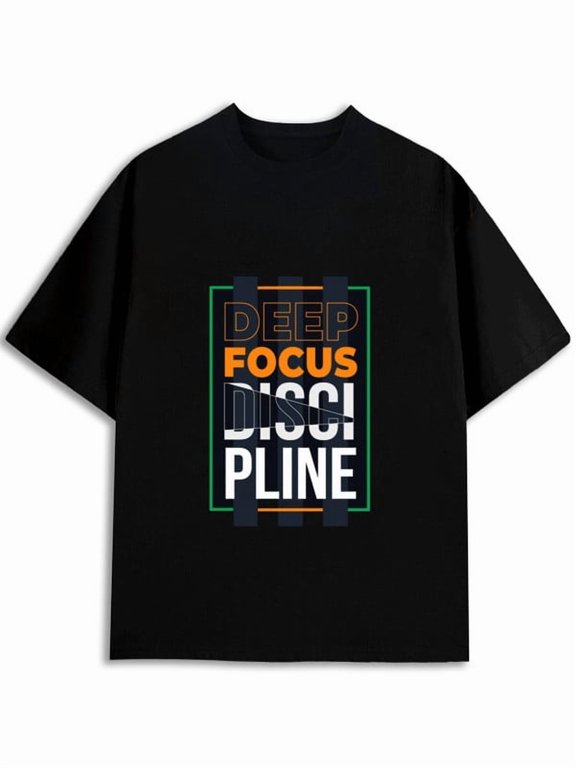 Focus Theme Letter Graphic T Shirt, Unisex Black Crew Neck Short Sleeve Tee, Contrast Color Frame Text Print, Casual Trendy Everyday Top