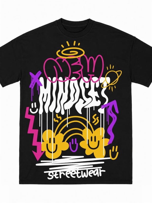 Full Large Print Colorful Doodle Font Happy Face Casual Fashion Tee