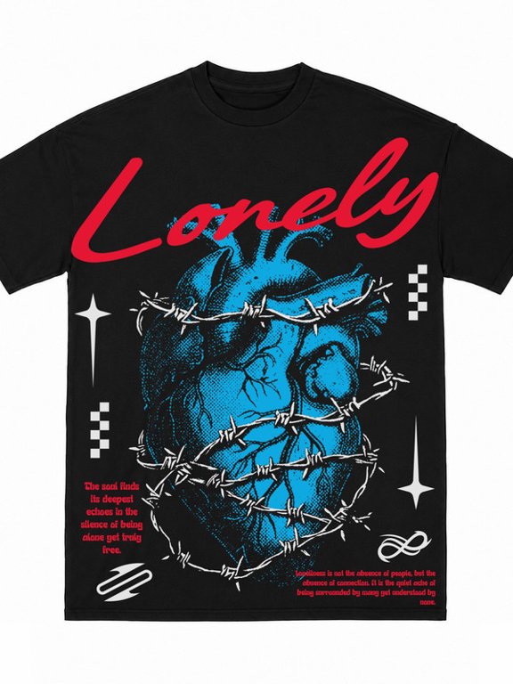 Full Large Print Lonely Barbed Wire Blue Heart Star Gothic Fashion Short Sleeve T-Shirt