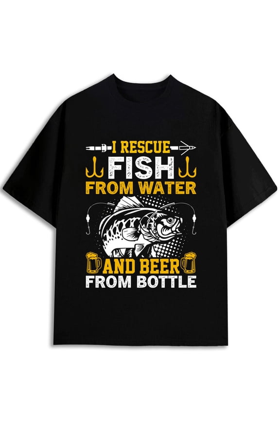 Funny Fishing & Beer T-Shirt Men's Crew neck T-shirts black funny short Spring and summer outdoor wear Vintage Unisex Shirt Crewneck tshirts