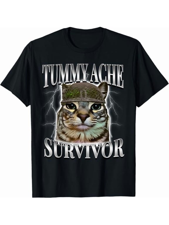 Funny Tummy Ache Survivor Cat Meme Saying Cats Animal T-Shirt Unisex Adults Men Women Crew Neck Short Sleeve Tees Black