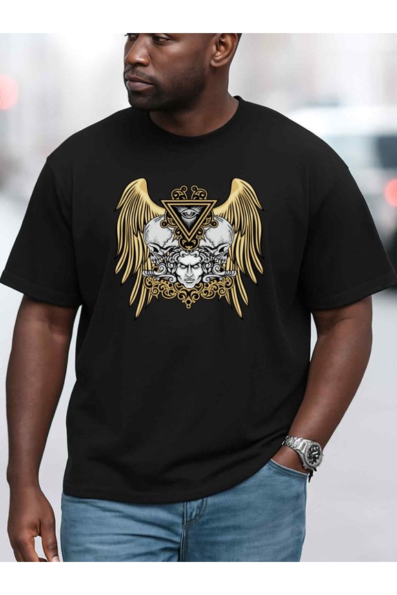 Golden Winged Skull T-Shirt mens t shirts black graphic tees casual Daily and weekend wear Soft and comfortable Fashion Unisex Shirt Crewneck tshirts