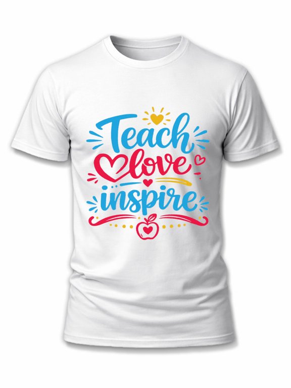 Gradient Color Art Font Teach Love Inspire Slogan Crew Neck T-Shirt, Unisex Lightweight Comfy Tee Teacher Daily Back To School Matching Casual Top