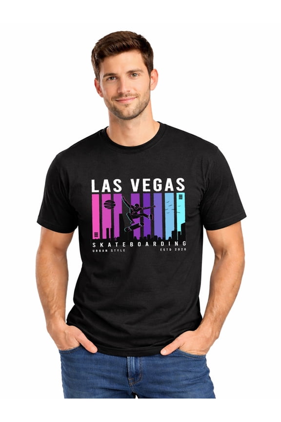 Graphic Short Sleeve T-Shirt for Men Regular Fit Crewneck with Las Vegas Skate T-Shirt Cotton Fabric on Black Fabric