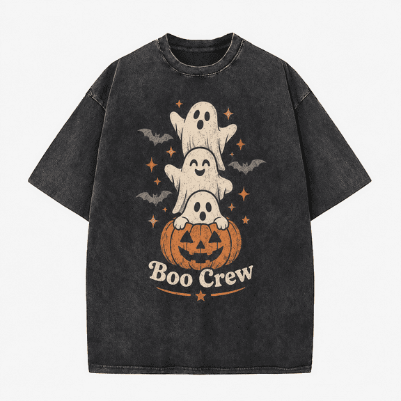 Greenink Halloween Men's Boo Crew T Shirt, Vintage Washed 100% Cotton Ghost Pumpkin Graphic Tee, Relaxed Short Sleeve Top for Fall Party Casual Wear, Daily Wear