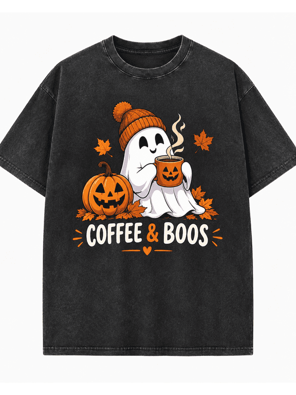 Halloween Men's Coffee Ghost T Shirt, Vintage Washed 100% Cotton Fall Ghost Graphic Tee, Relaxed Short Sleeve Top for Autumn Casual Wear, Daily Wear