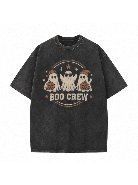 Halloween Men's Ghost Badge T Shirt, Vintage Washed 100% Cotton Spooky Season Graphic Tee, Relaxed Short Sleeve Top for Fall Festival Casual Wear