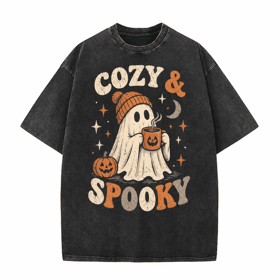 Greenink Halloween Men's Ghost Coffee T Shirt, Vintage Washed 100% Cotton Spooky Brew Graphic Tee, Relaxed Short Sleeve Top for Fall Café Casual Wear, Daily Wear