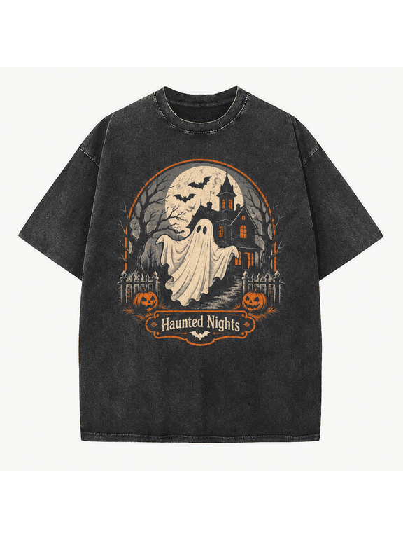 Halloween Men's Ghost House T Shirt, Vintage Washed 100% Cotton Haunted Nights Graphic Tee, Relaxed Short Sleeve Top for Fall Party Casual Wear, Daily Wear