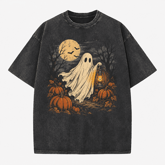 Greenink Halloween Men's Ghost Pumpkin Lantern T Shirt, Vintage Washed 100% Cotton Jack O Lantern Graphic Tee, Relaxed Short Sleeve Top for Fall Party Casual Wear