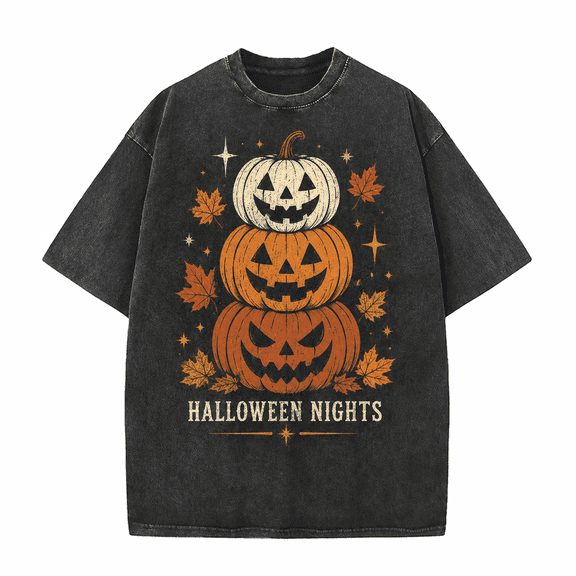 Greenink Halloween Men's Halloween Nights T Shirt, Vintage Washed 100% Cotton Stacked Pumpkin Graphic Tee, Relaxed Short Sleeve Top for Spooky Fall Party Wear, Daily Wear