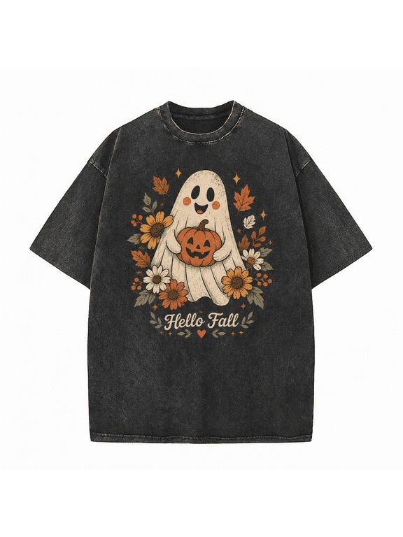 Halloween Men's Happy Fall Ghost T Shirt, Vintage Washed 100% Cotton Cute Spooky Season Graphic Tee, Relaxed Short Sleeve Top for Pumpkin Patch Casual Wear