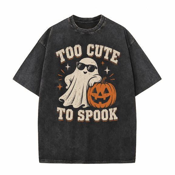 Greenink Halloween Men's Midnight Ghost T Shirt, Vintage Washed 100% Cotton Halloween Night Graphic Tee, Relaxed Short Sleeve Top for Fall Party Casual Wear