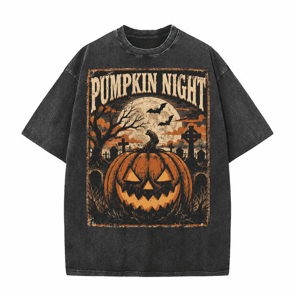 Greenink Halloween Men's Pumpkin Night T Shirt, Vintage Washed 100% Cotton Graveyard Jack O Lantern Graphic Tee, Relaxed Short Sleeve Top for Spooky Fall Party Wear