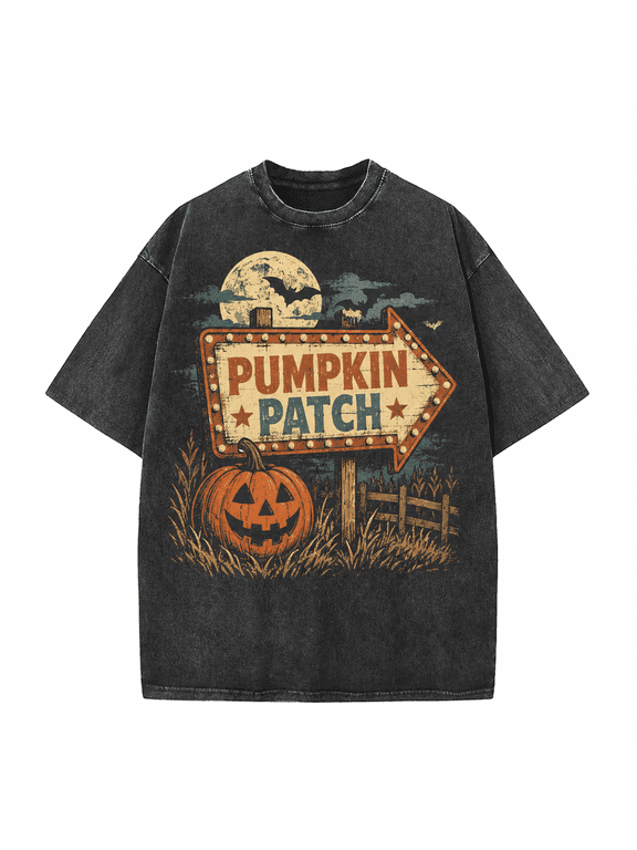 Halloween Men's Pumpkin Patch T Shirt, Vintage Washed 100% Cotton Jack O Lantern Sign Graphic Tee, Relaxed Short Sleeve Top for Fall Party Casual Daily Wear