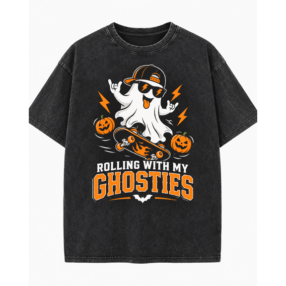 Greenink Halloween Men's Skate Ghost Pumpkin T Shirt, Vintage Washed 100% Cotton Skater Halloween Graphic Tee, Relaxed Short Sleeve Top for Fall Streetwear Casual Wear