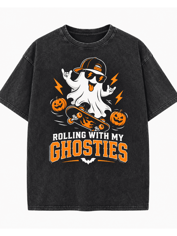 Halloween Men's Skate Ghost Pumpkin T Shirt, Vintage Washed 100% Cotton Skater Halloween Graphic Tee, Relaxed Short Sleeve Top for Fall Streetwear Casual Wear