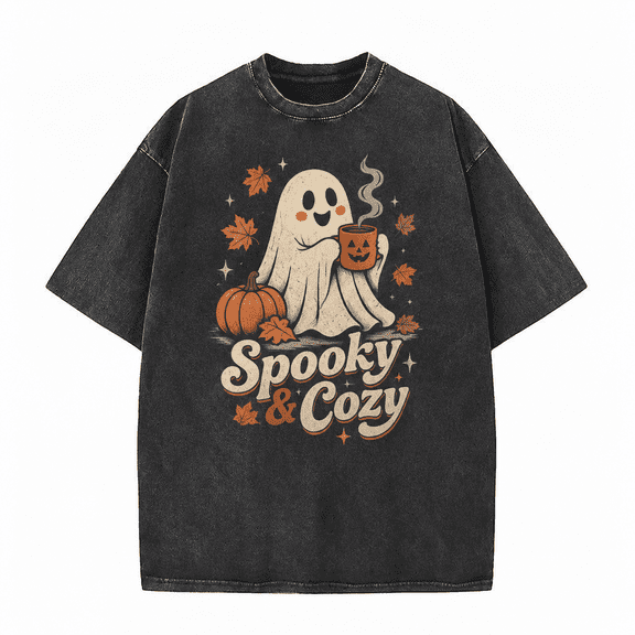 Greenink Halloween Men's Spooky Cozy Ghost T Shirt, Vintage Washed 100% Cotton Cute Ghost Graphic Tee, Relaxed Short Sleeve Top for Fall Casual Wear, Daily Wear