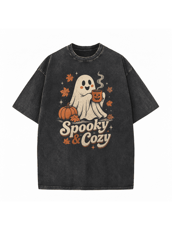 Halloween Men's Spooky Cozy Ghost T Shirt, Vintage Washed 100% Cotton Cute Ghost Graphic Tee, Relaxed Short Sleeve Top for Fall Casual Wear, Daily Wear