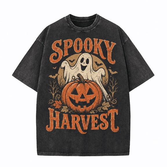 Greenink Halloween Men's Spooky Harvest T Shirt, Vintage Washed 100% Cotton Ghost Pumpkin Graphic Tee, Relaxed Short Sleeve Top for Fall Party Casual Wear, Daily Wear