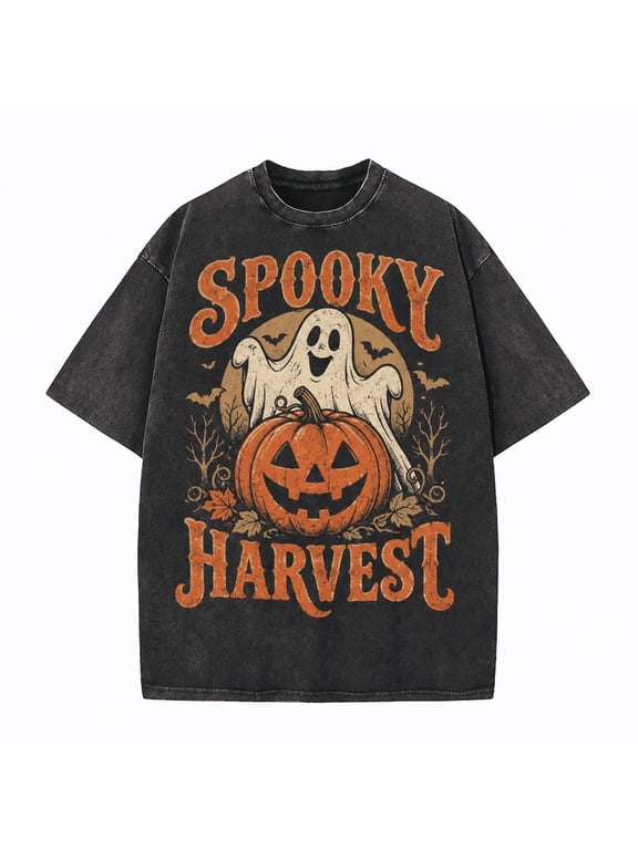 Halloween Men's Spooky Harvest T Shirt, Vintage Washed 100% Cotton Ghost Pumpkin Graphic Tee, Relaxed Short Sleeve Top for Fall Party Casual Wear, Daily Wear