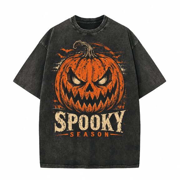 Greenink Halloween Men's Spooky Season T Shirt, Vintage Washed 100% Cotton Scary Pumpkin Face Graphic Tee, Relaxed Short Sleeve Top for Fall Party Casual Wear, Daily Wear