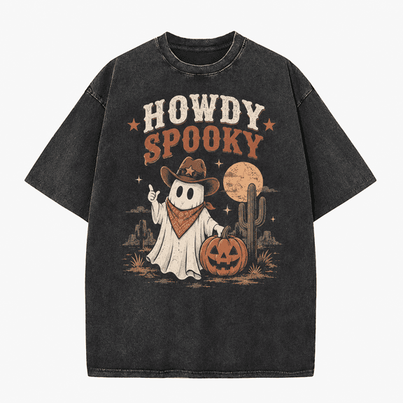 Greenink Halloween Men's Western Ghost Pumpkin T Shirt, Vintage Washed 100% Cotton Cowboy Ghost Graphic Tee, Relaxed Short Sleeve Top for Fall Party Streetwear