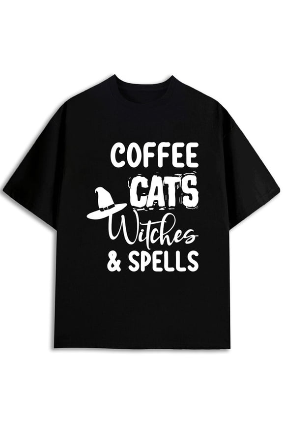 Coffee Cats Witches Spells Tee for men round neck T-shirt black casual elegantly Everyday and weekend wear Retro Unisex Shirt Graphic tshirts