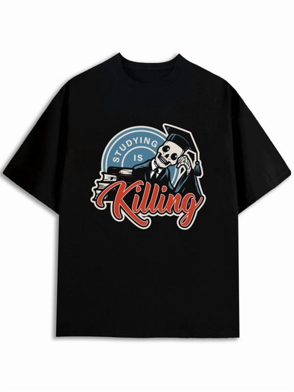 Killing Skeleton Vintage Circular Letter Graphic T-Shirt for Men, Gothic Retro Skeleton Print Crew Neck Short Sleeve Casual Tee