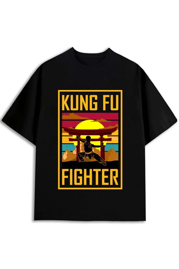 Kung Fu Fighter Retro Tee Men t shirts black casual graphic tees Stylish summer outerwear Fashion Unisex Shirt Cotton tshirts