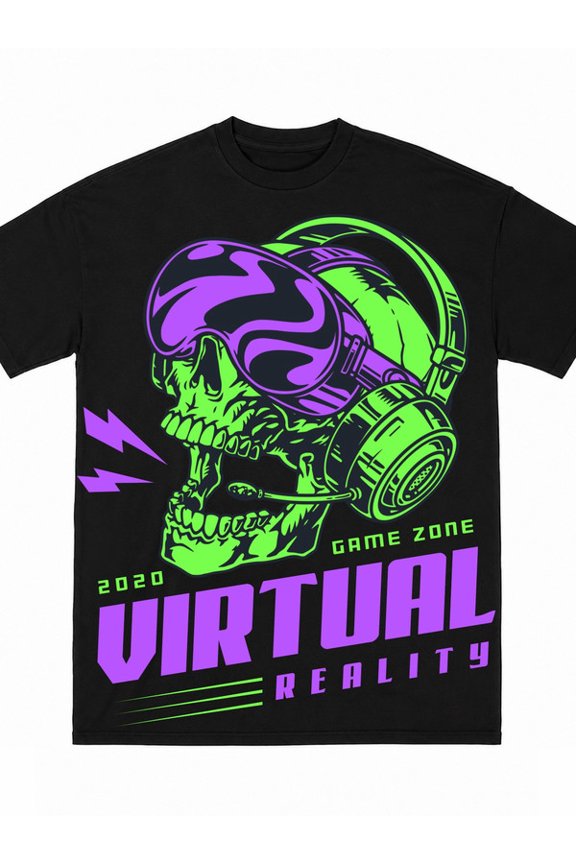 Men 2020 VR Gaming Skull T-Shirt black Y2K trend Large print t-shirt Classic casual T-shirt, street style, summer casual wear, perfect for gift giving Suitable as a Father's Day gift