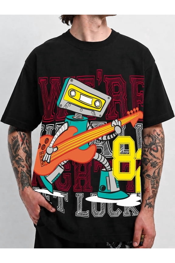 Men 80s Rock Robot T-Shirt black Y2K style Bold Print t-shirt Backyard BBQ Weekend T-Shirt Beach Day Good Vibes Casual Tee Weekend casual wear Hip-hop street style Comfortable daily wear