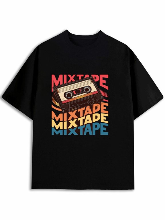 Men Classic Fit Graphic T‑Shirt, Mixtape Repeated Text Retro Cassette Print, 90s Hip Hop Fan Tee, Old‑School Rap Music Apparel, Retro Music Party & Casual Daily Wear