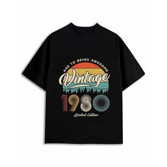 Greenink Men Classic Fit Graphic T‑Shirt, Vintage 1980 Birth Year Scenery Print, 1980 Birthday Gift Tee, Retro Outdoor Nostalgic Style, Birthday Celebration & Casual Daily Wear