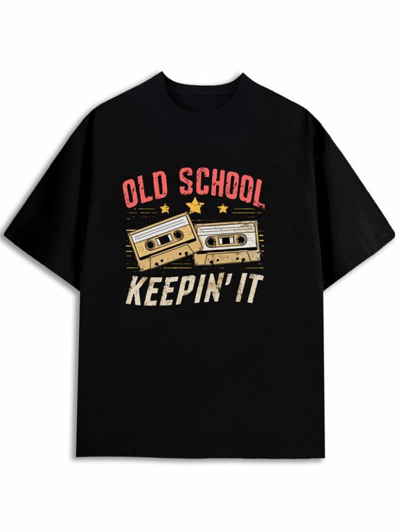 Men Retro‑Fit Graphic T‑Shirt, Old School Keepin It Retro Dual Cassette Print, Vintage Hip Hop Tee, Throwback Rap Fan Apparel, Hip‑Hop Theme Gathering & Everyday Lounge Wear