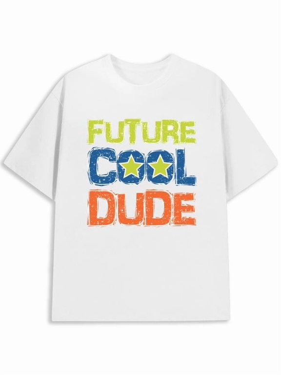 Men Vintage White Graphic Tee, Future Cool Dude Star Accent Slogan Print, Fun Retro Nostalgic T‑Shirt, Casual Everyday Top & Playful Gift For Him
