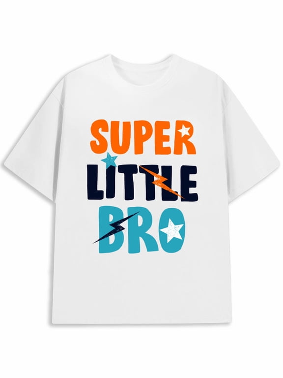 Men Vintage White Graphic Tee, Super Little Bro Fun Retro Slogan Print, Brother‑Themed Nostalgic T‑Shirt, Casual Everyday Top & Sibling Gift For Him